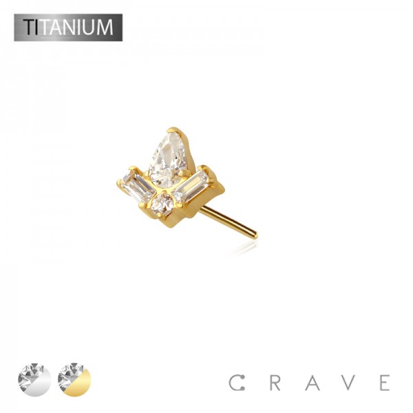 IMPLANT GRADE TITANIUM THREADLESS PUSH IN BAGUETTE TEAR DROP BEZEL CZ TOP PART